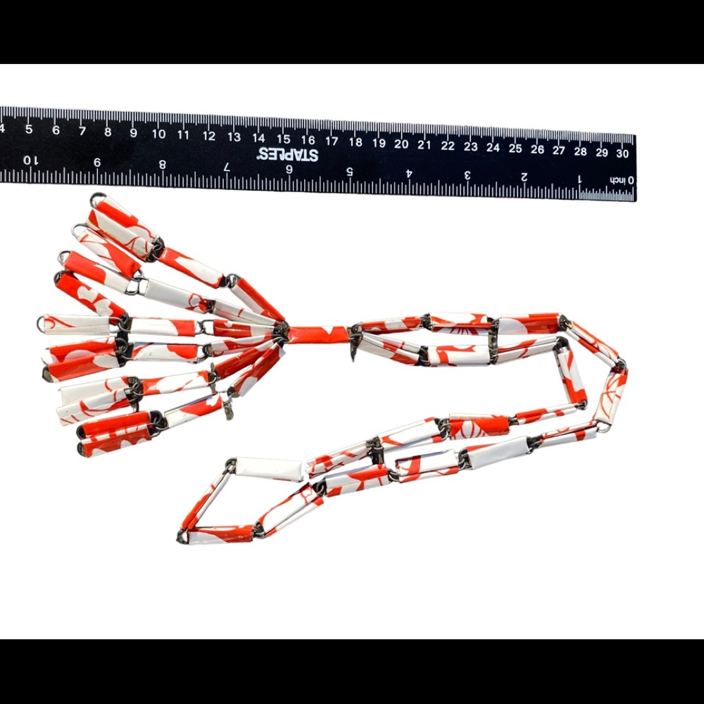 36” Handcrafted Artsy Wrapped Paperclip Necklace Shiny Orange White - Picture 4 of 8